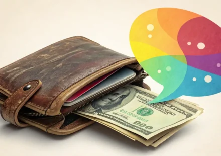 텅 빈 지갑과 예산 관련 아이콘이 담긴 말풍선 이미지, 주머니 사정 관련 필수 영어 표현 배우기