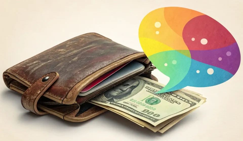 텅 빈 지갑과 예산 관련 아이콘이 담긴 말풍선 이미지, 주머니 사정 관련 필수 영어 표현 배우기