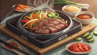 영어로 불고기를 설명하는 방법을 배우는 것을 상징하는, 맛있게 구워지는 불고기 요리와 추상적인 영어 알파벳 글자 이미지