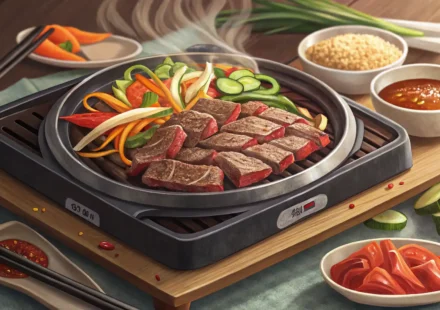 영어로 불고기를 설명하는 방법을 배우는 것을 상징하는, 맛있게 구워지는 불고기 요리와 추상적인 영어 알파벳 글자 이미지