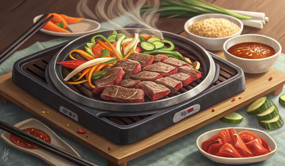 영어로 불고기를 설명하는 방법을 배우는 것을 상징하는, 맛있게 구워지는 불고기 요리와 추상적인 영어 알파벳 글자 이미지