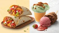 맛있는 부리토와 영어 회화 학습을 상징하는 아이콘이 함께 있는 이미지