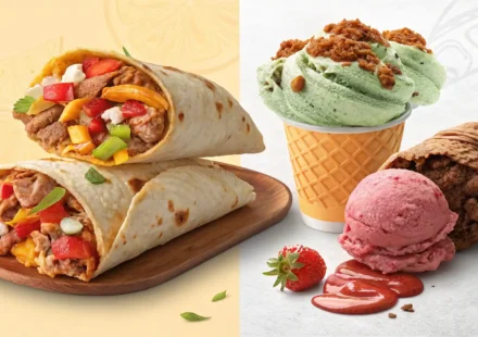 맛있는 부리토와 영어 회화 학습을 상징하는 아이콘이 함께 있는 이미지