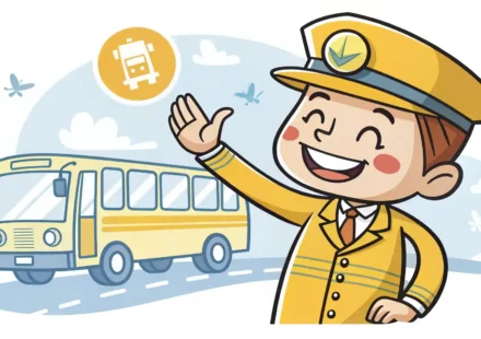 버스 기사가 승객에게 버스 환승 방법을 안내하는 모습 일러스트