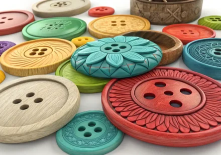 다양한 색깔과 재질의 옷 단추들과 영어 학습을 상징하는 말풍선 아이콘 클로즈업 이미지