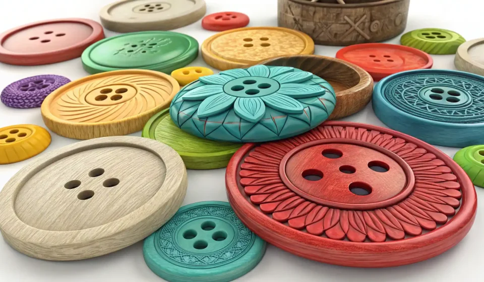 다양한 색깔과 재질의 옷 단추들과 영어 학습을 상징하는 말풍선 아이콘 클로즈업 이미지