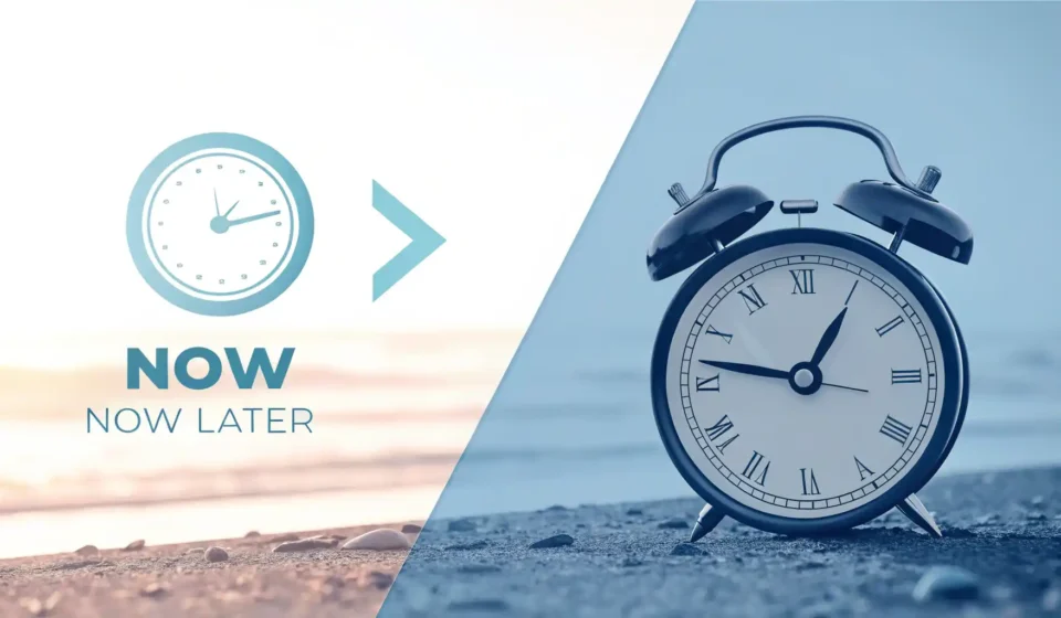 현재 시점(now)을 나타내는 시계 아이콘과 특정 시점(then)을 나타내는 달력 아이콘이 대비되는 이미지