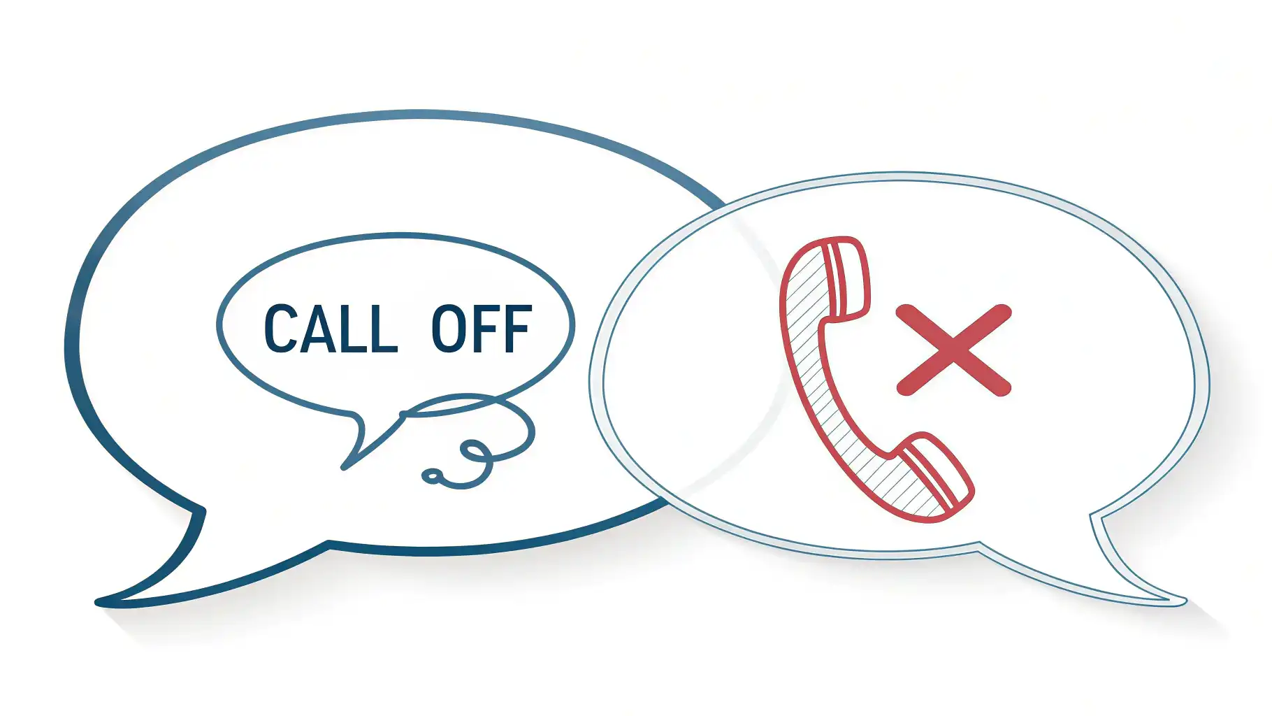 'Call off'와 'Call out' 영어 구동사의 차이를 설명하는 이미지: 취소를 뜻하는 X 표시가 있는 'Call off' 말풍선과 지적을 뜻하는 느낌표가 있는 'Call...