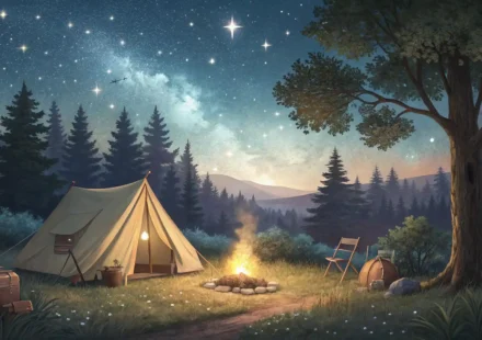 숲속 캠핑장의 텐트 옆에 놓인 노트와 전구 아이콘, 캠핑 관련 영어 표현 학습을 나타내는 이미지.