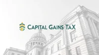 밝은 배경에 'Capital Gains Tax' 영어 문구와 집, 주식 차트, 계산기 아이콘이 있는 양도세 영어 표현 학습 썸네일 이미지