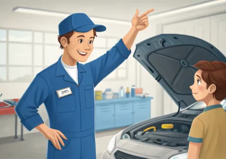 자동차 정비소에서 정비사와 고객이 소통하며 자동차 점검 관련 영어 표현을 배우는 모습을 상징하는 일러스트레이션