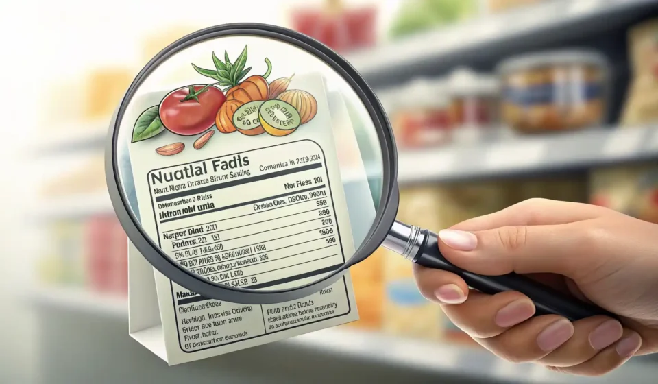 수입 식품 라벨 위 달력 아이콘을 돋보기로 확인하는 손 그림, 유통기한 확인 영어 표현 학습 상징