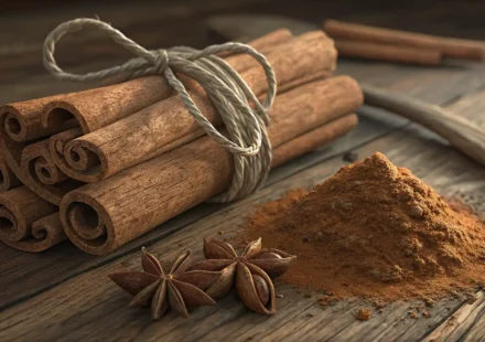 따뜻한 라떼 옆에 놓인 계피 스틱과 계피 가루, 영어 단어를 떠올리는 듯한 생각 거품 아이콘.