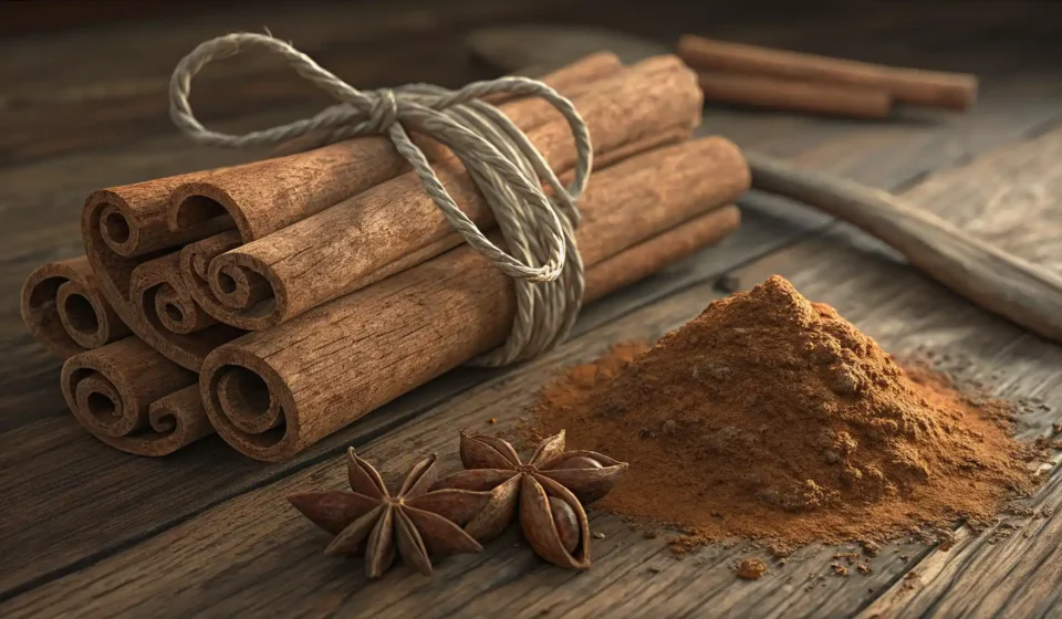 따뜻한 라떼 옆에 놓인 계피 스틱과 계피 가루, 영어 단어를 떠올리는 듯한 생각 거품 아이콘.