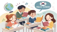공무원 시험 학원에서 영어 공부하는 학생들과 영어 표현 말풍선 일러스트