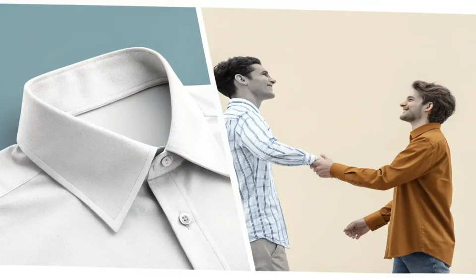 셔츠 옷깃과 강아지 목걸이가 나란히 놓여 있고 그 사이에 빈 말풍선 아이콘이 있는 이미지, '칼라' 관련 영어 표현 학습을 나타냄.