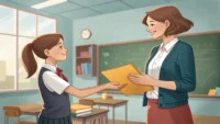 고등학생이 선생님께 대학 추천서를 정중하게 요청하는 모습 일러스트
