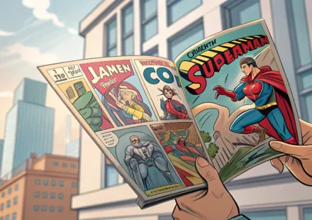 만화책 가게에서 대여 규정을 묻는 상황을 상징하는 만화책과 질문, 시간, 비용 아이콘 이미지