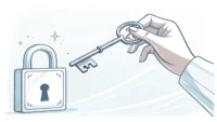 상가 임대 관련 영어 표현 학습: 열쇠를 든 손이 상점 건물을 향하고 있고 옆에 말풍선 아이콘이 있는 이미지.