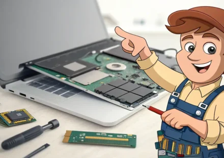 컴퓨터 수리점에서 부품 교체에 대해 영어로 자신 있게 문의하는 방법을 나타내는 이미지