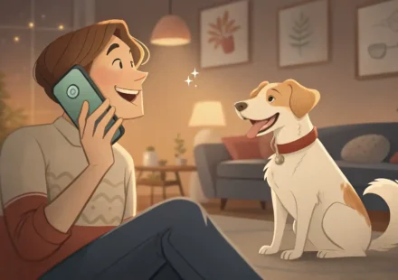 펫 케어 센터 직원과 영어로 예약 확인 통화를 하는 사람과 옆에 있는 귀여운 강아지, 고양이 일러스트