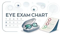 안과에서 콘택트 렌즈 처방 관련 영어 표현 학습을 나타내는 시력 검사표와 콘택트 렌즈, 말풍선 아이콘 이미지