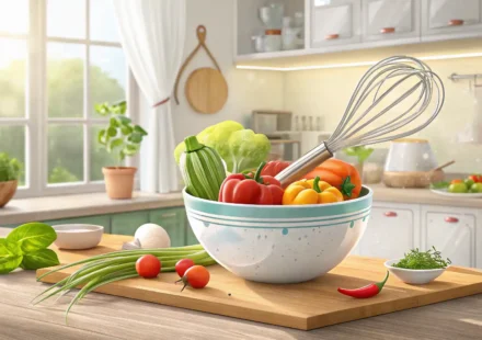 요리 도구와 재료 옆에 영어 학습을 상징하는 아이콘이 있는 이미지