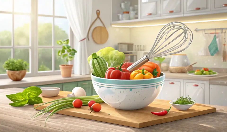 요리 도구와 재료 옆에 영어 학습을 상징하는 아이콘이 있는 이미지