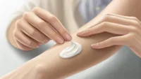 팔 안쪽에 화장품 크림으로 알레르기 패치 테스트를 하는 모습, 화장품 가게 영어 표현 학습 관련 이미지.
