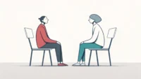 마주보고 앉아 대화하는 두 사람과 하트 말풍선이 있는 이미지, 부부상담 관련 영어 표현 학습을 상징함.