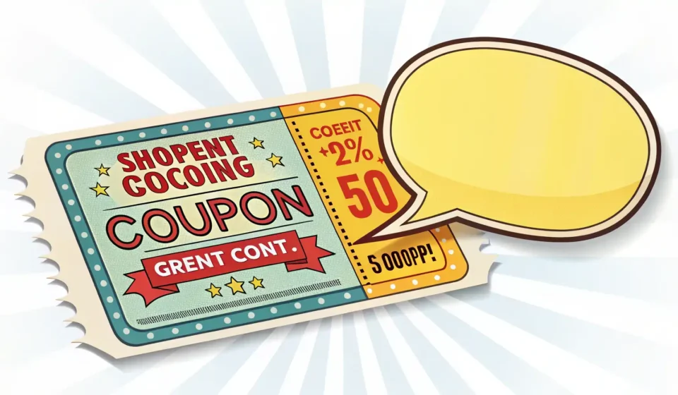 쇼핑 쿠폰 아이콘 옆에 빈 말풍선 아이콘이 있는 이미지, 쿠폰 관련 영어 표현 학습을 상징함.