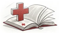 응급처치(CPR)와 영어 학습을 상징하는 빨간 십자가와 책 아이콘 이미지.