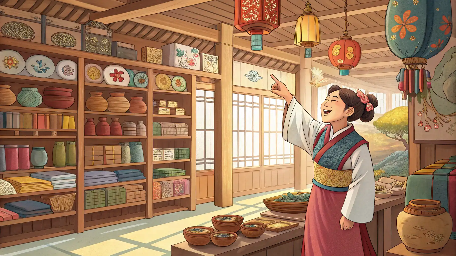 전통 공예품점 직원이 외국인 손님에게 자개함에 대해 영어로 설명하는 장면.