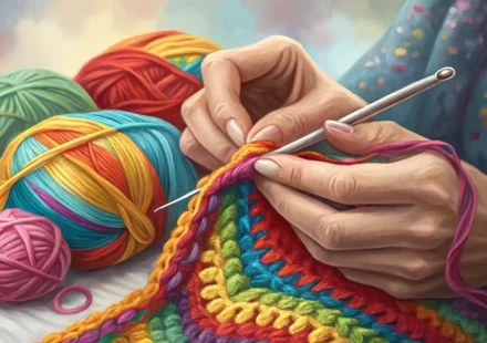 코바늘과 실뭉치 옆에 영어 학습을 상징하는 말풍선 아이콘이 있는 이미지