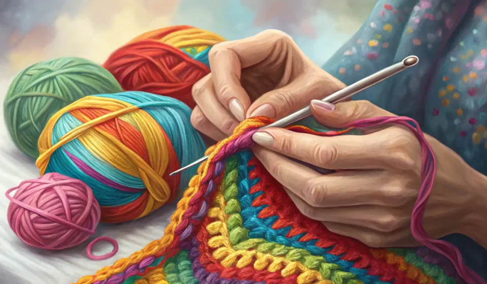 코바늘과 실뭉치 옆에 영어 학습을 상징하는 말풍선 아이콘이 있는 이미지