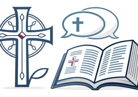 십자가 기호와 영어 학습을 상징하는 아이콘이 함께 있는 이미지, '십자가' 영어 표현 배우기