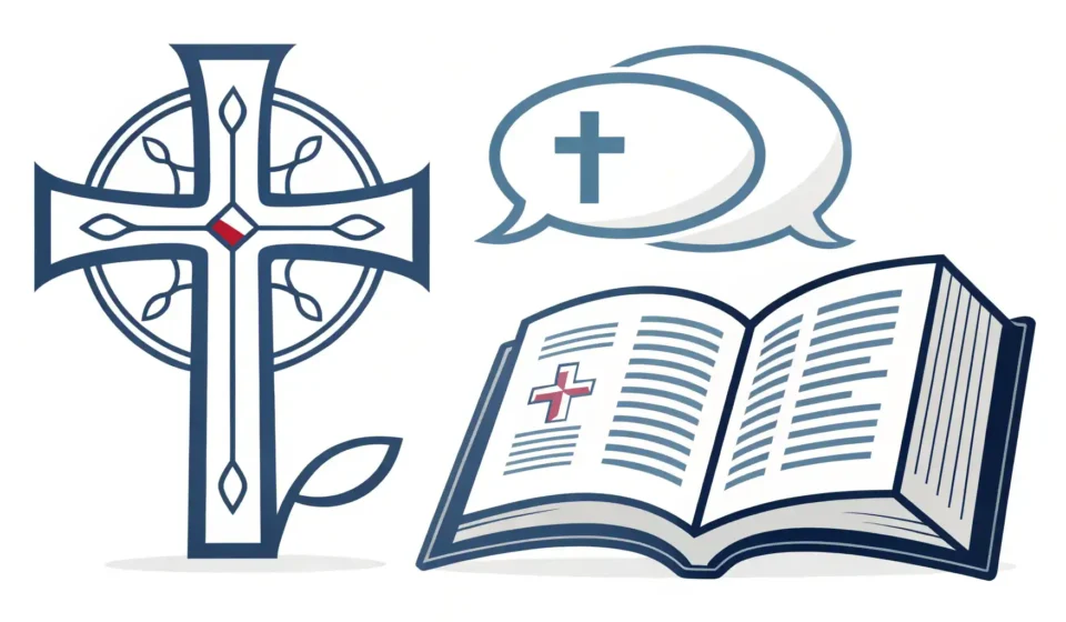 십자가 기호와 영어 학습을 상징하는 아이콘이 함께 있는 이미지, '십자가' 영어 표현 배우기