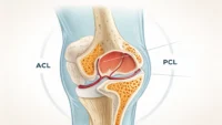 무릎 십자인대 구조를 보여주는 그림과 영어 학습을 상징하는 아이콘