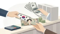 카운터 위에서 원화 지폐를 미국 달러 지폐로 교환하는 손과 영어 표현 학습을 상징하는 작은 전구 아이콘 일러스트