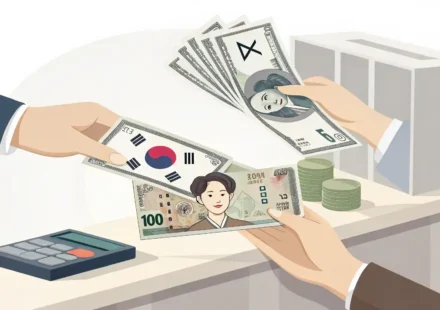 카운터 위에서 원화 지폐를 미국 달러 지폐로 교환하는 손과 영어 표현 학습을 상징하는 작은 전구 아이콘 일러스트