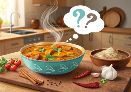 커리 요리와 영어 표현 질문 및 맵기 묘사를 상징하는 아이콘이 있는 이미지