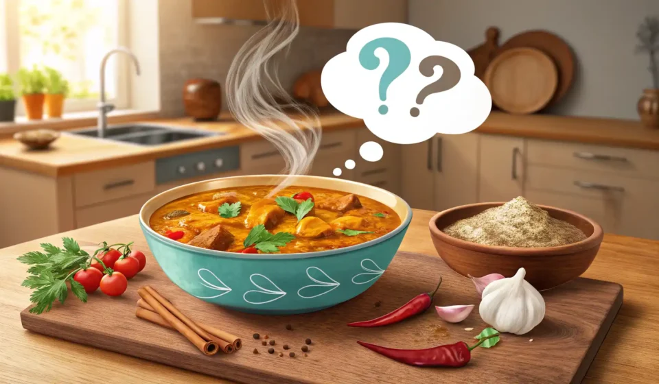 커리 요리와 영어 표현 질문 및 맵기 묘사를 상징하는 아이콘이 있는 이미지