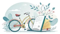 자전거와 펼쳐진 책이 함께 있는 이미지, 자전거 타기 관련 영어 표현 학습을 나타냄.