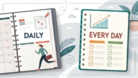 "Daily"와 "Every day" 영어 표현 차이 및 빈도 부사 사용법을 설명하는 썸네일 이미지. 달력과 플래너 그래픽으로 시각적 비교.