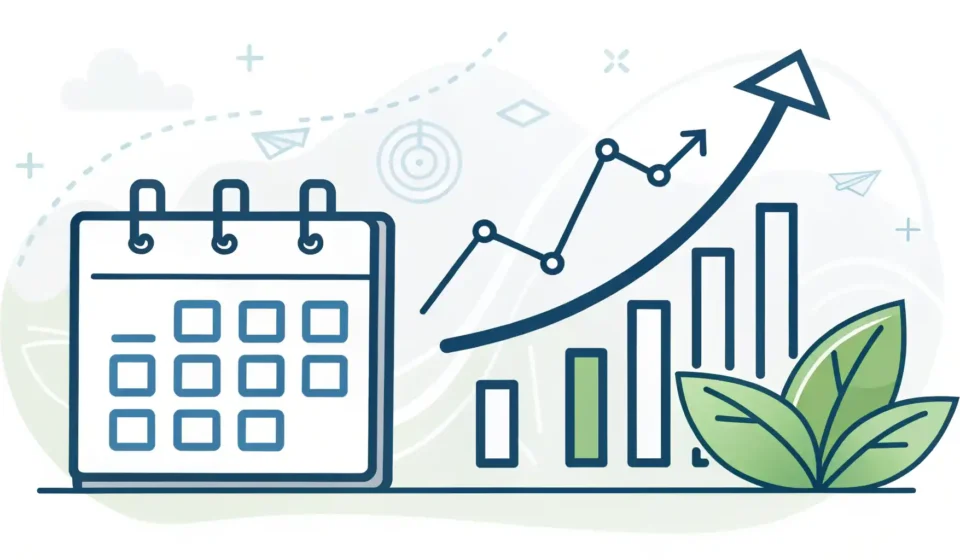 점진적 성장을 나타내는 그래프와 달력 아이콘, 'Day by day'와 'Daily' 영어 표현의 차이 및 점진적 변화 표현 설명.