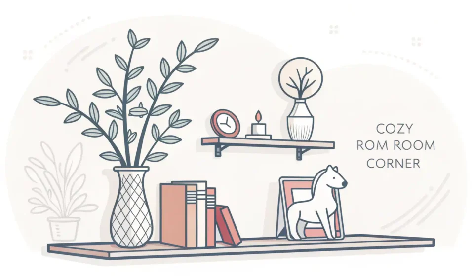 장식품(꽃병, 피규어, 벽 장식)이 있는 방 한 켠과 장식 관련 영어 표현 학습을 상징하는 아이콘.