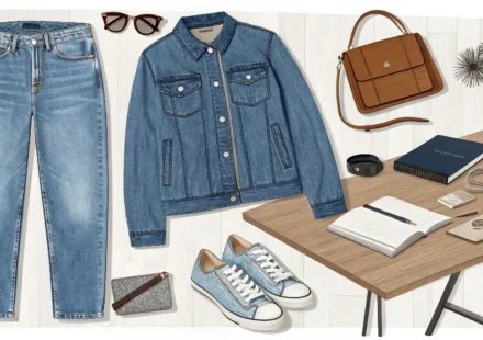 데님 옷(청바지, 청재킷)과 영어 사전, 말풍선 아이콘이 함께 놓여있는 영어 학습 컨셉 이미지