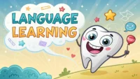 미소 짓는 치아 캐릭터가 'Dental English' 말풍선을 들고 있고 주변에 칫솔과 치경 아이콘이 있는 그림. 치과 관련 영어 표현 배우기 썸네일 이미지.