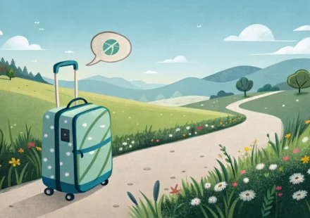 여행 가방과 영어 학습을 상징하는 말풍선 아이콘이 있는 이미지, 출발 관련 영어 표현 배우기