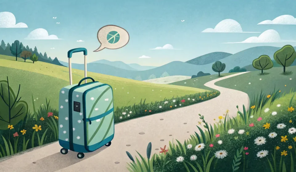 여행 가방과 영어 학습을 상징하는 말풍선 아이콘이 있는 이미지, 출발 관련 영어 표현 배우기